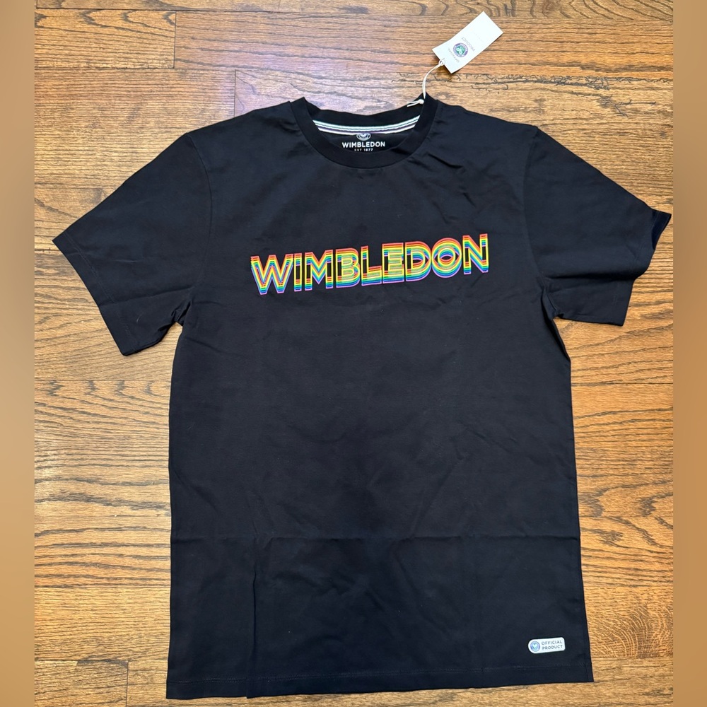 Wimbledon Men’s Black Rainbow Wordmark Logo Tee, Medium—NWT (Official Product)